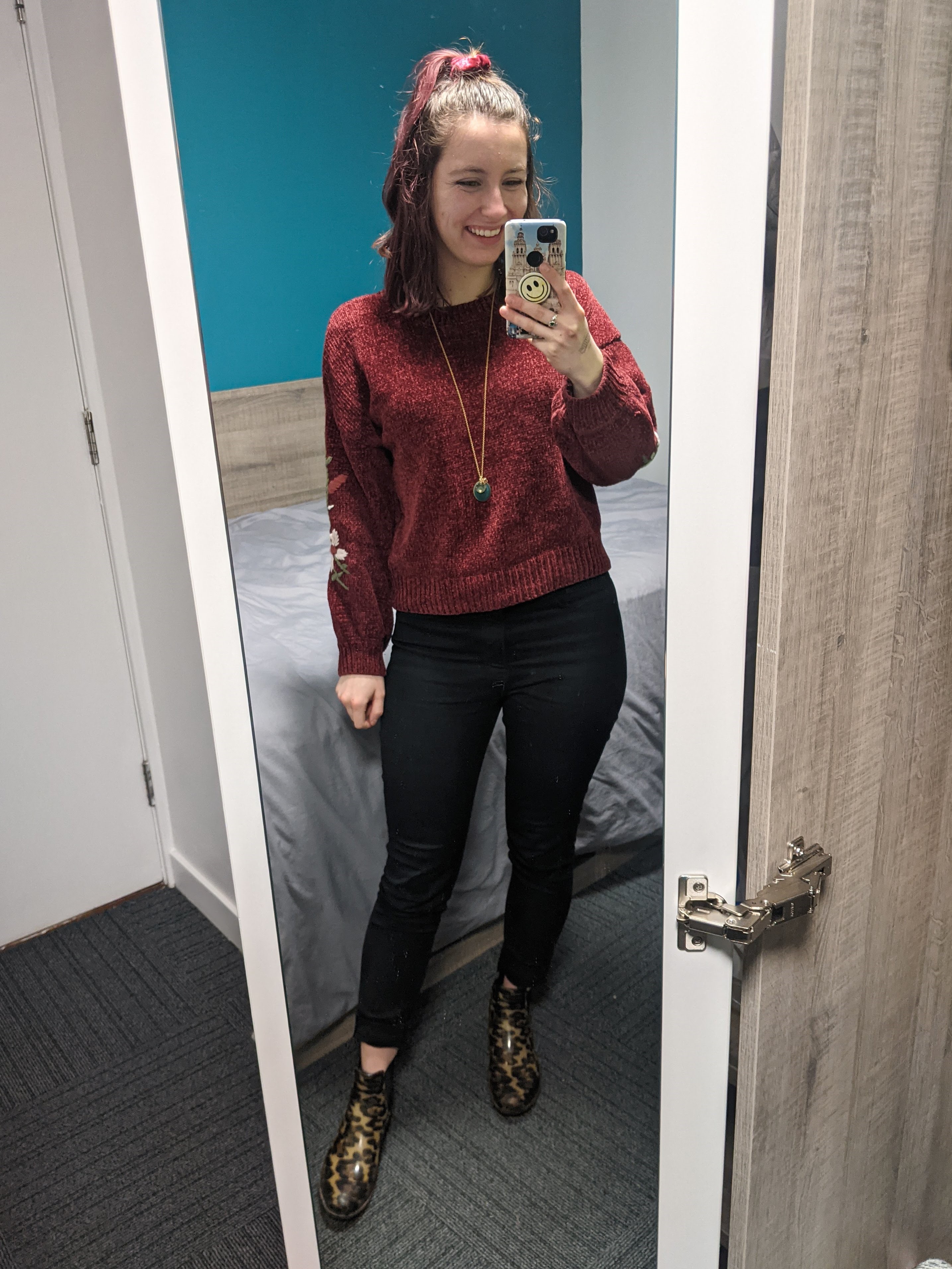 embroidered-sweater-francescas-black-pants-leopard-rain-booties
