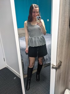 checkered-peplum-top-charming-charlie-black-corduroy-skirt-fishnet-tights