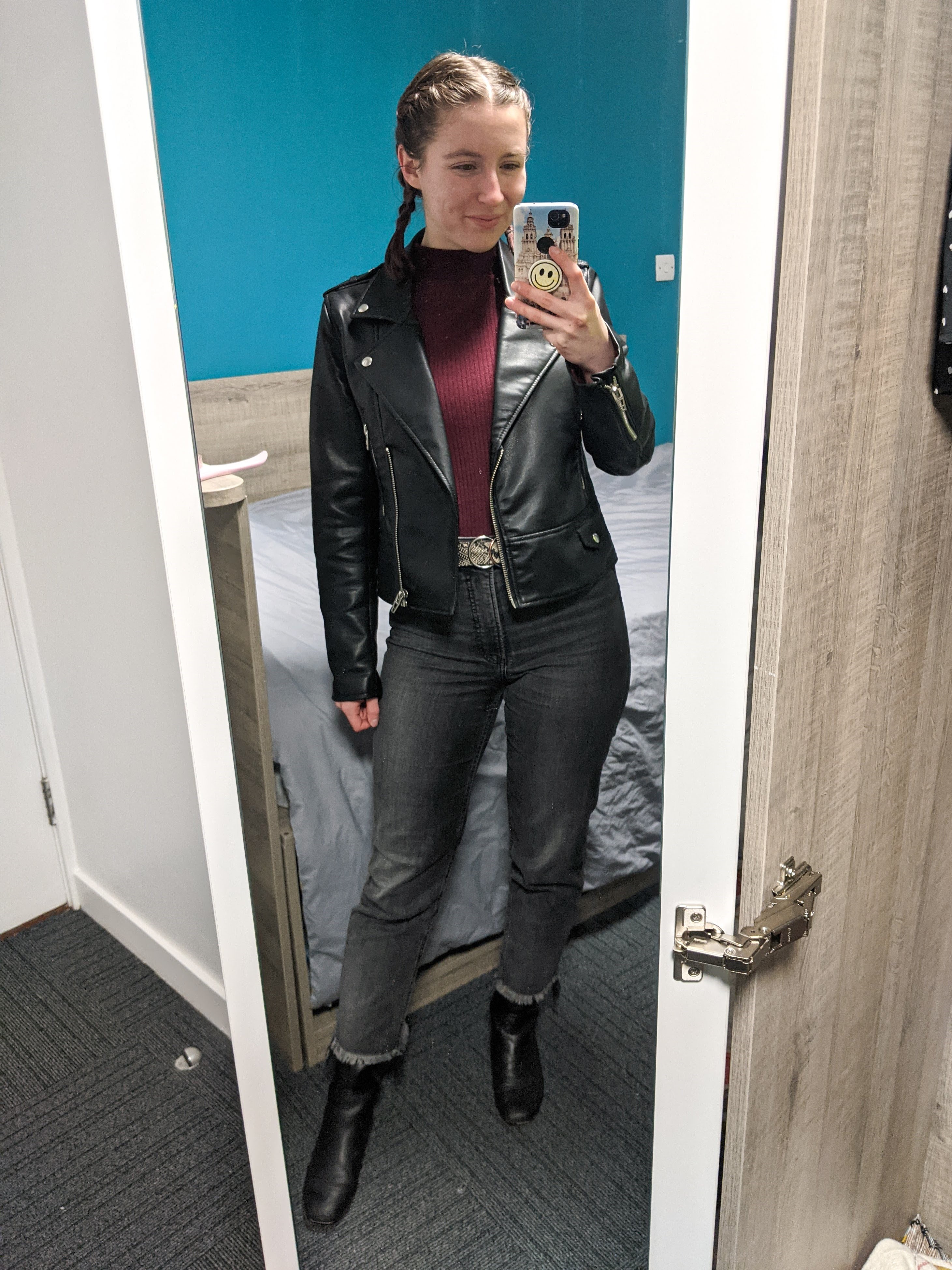 maroon-mock-neck-grey-mom-jeans-black-leather-jacket