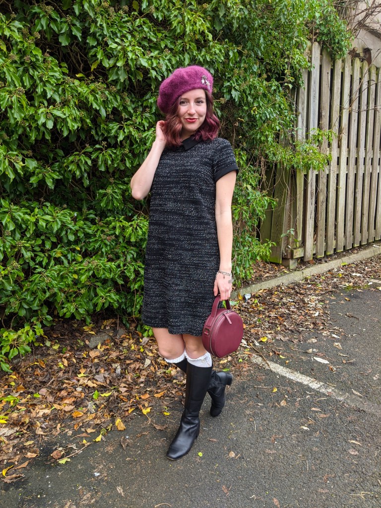 work-attire-tweed-dress-circle-purse-maroon-accessories-black-knee-boots