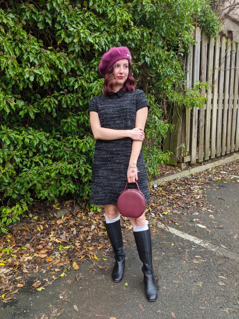 raspberry-beret-tweed-dress-maroon-circle-purse-black-knee-boots