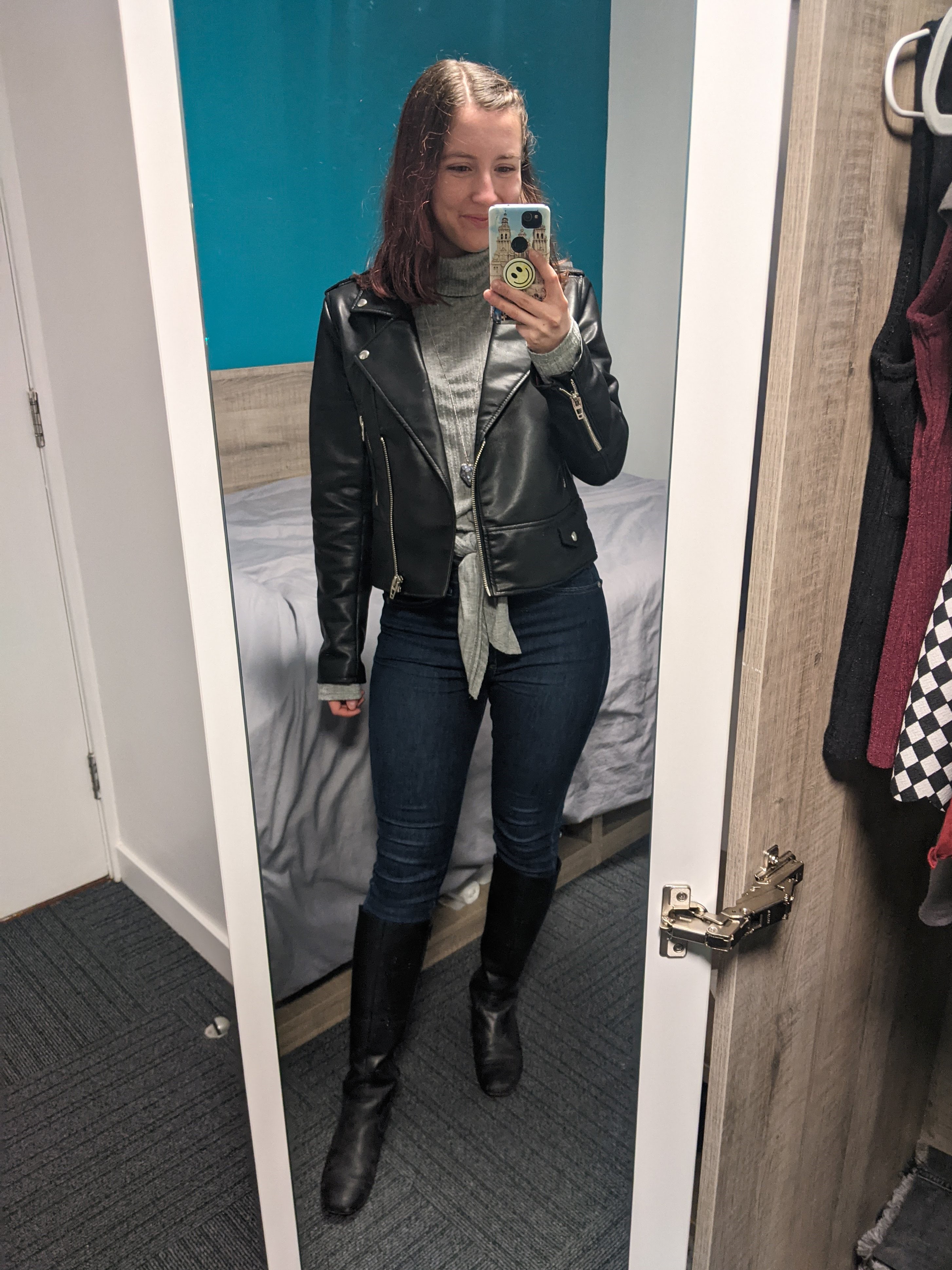 black-pleather-jacket-grey-turtleneck-skinny-jeans