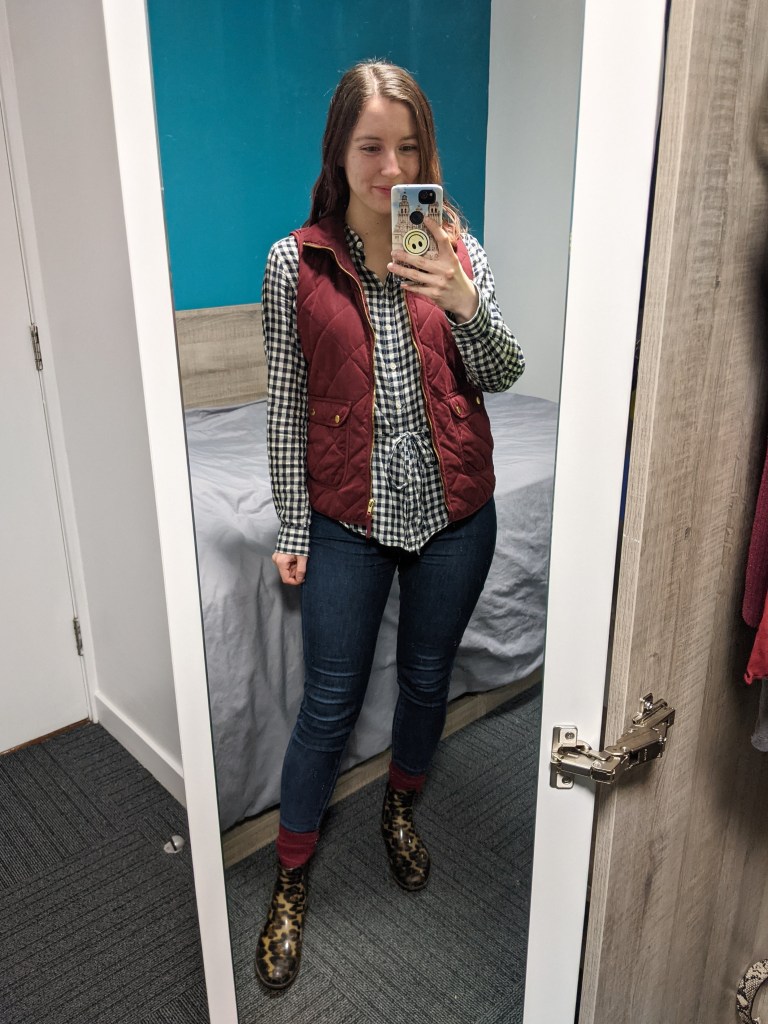 buffalo-check-quilted-vest-leopard-rain-boots