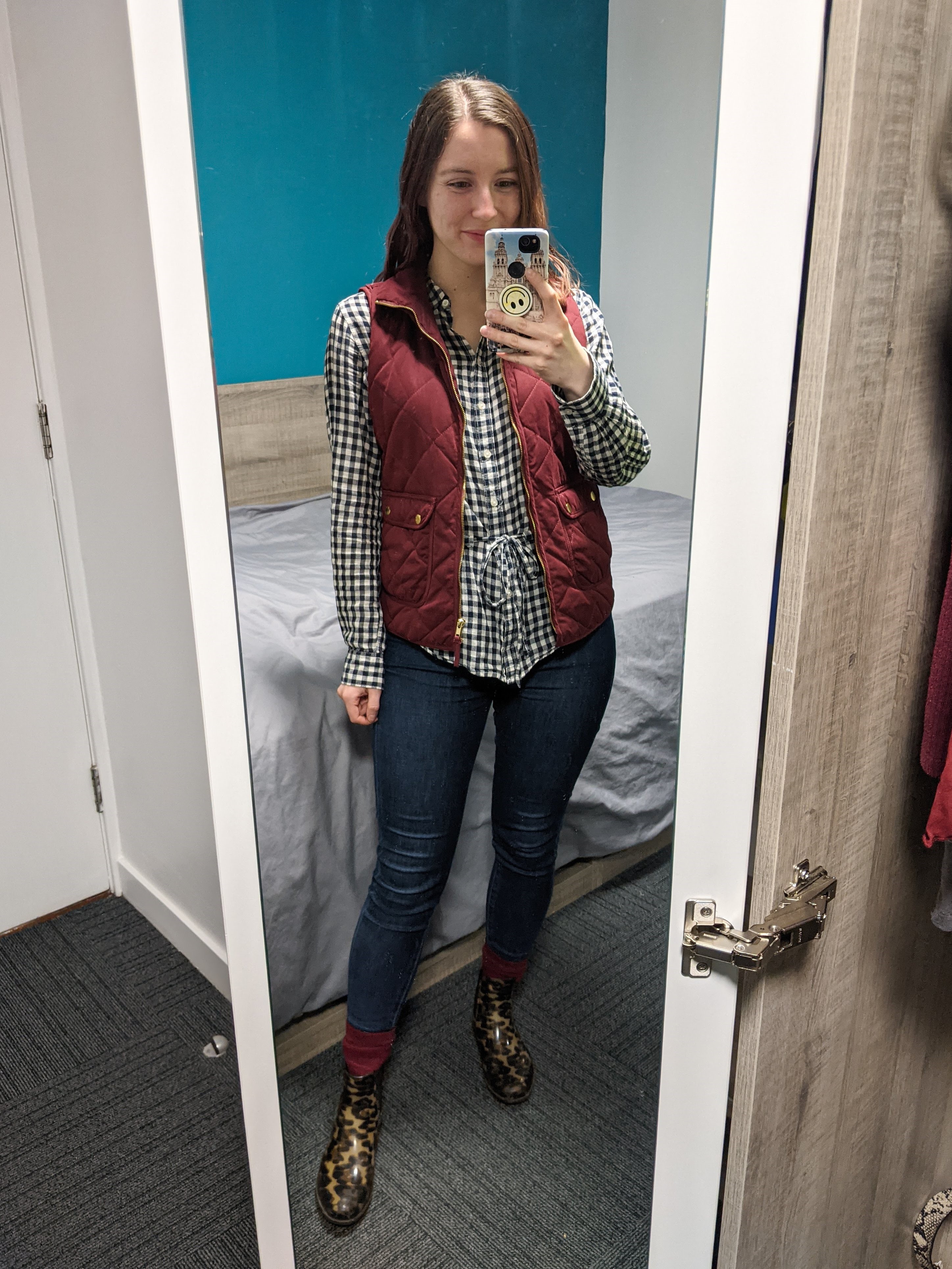 buffalo-check-quilted-vest-leopard-rain-boots