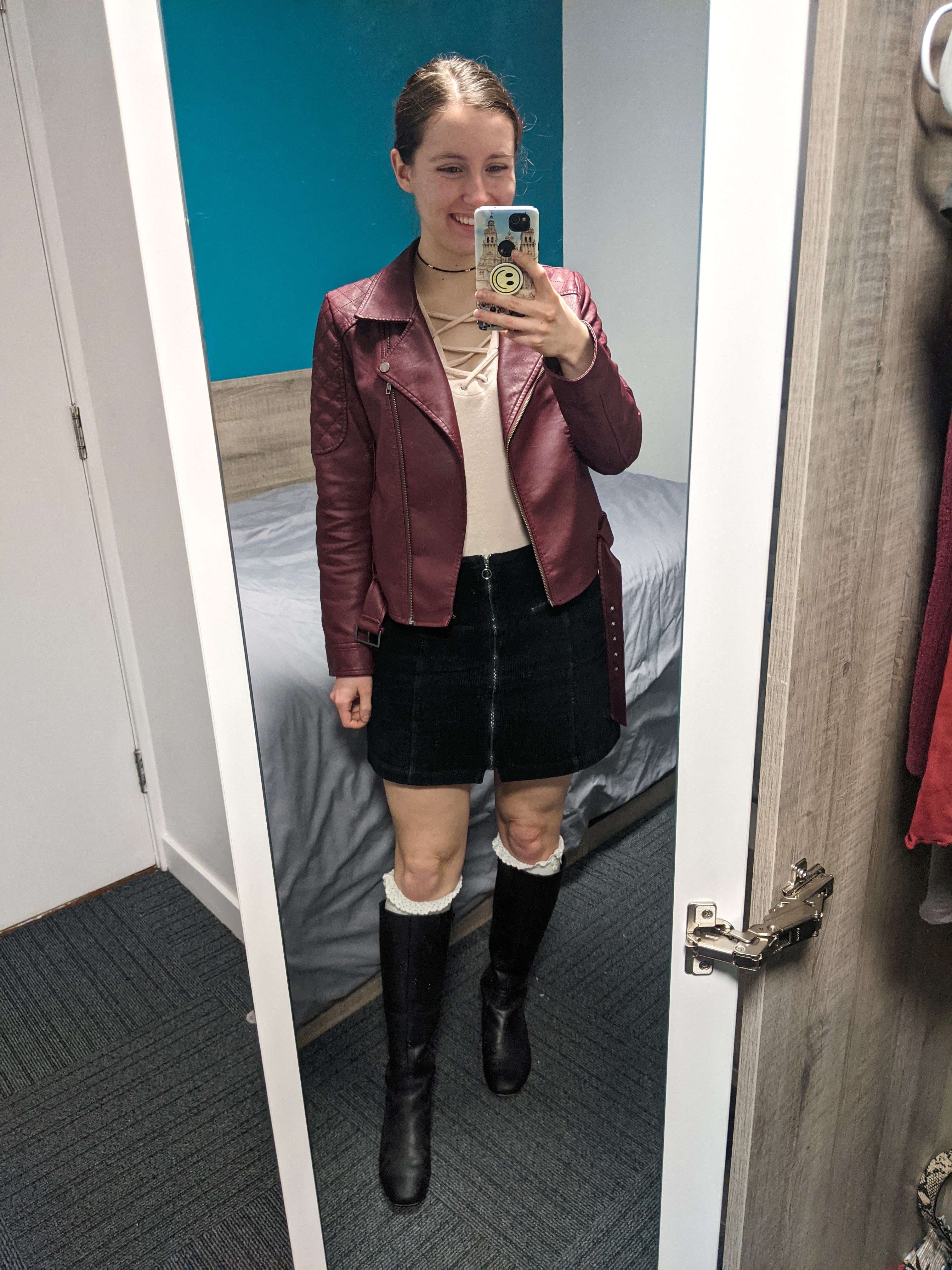 moto-jacket-blush-shirt-black-corduroy-skirt-knee-boots