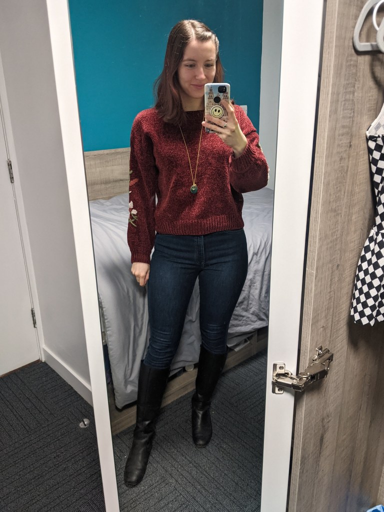 maroon-sweater-skinny-jeans-black-knee-boots