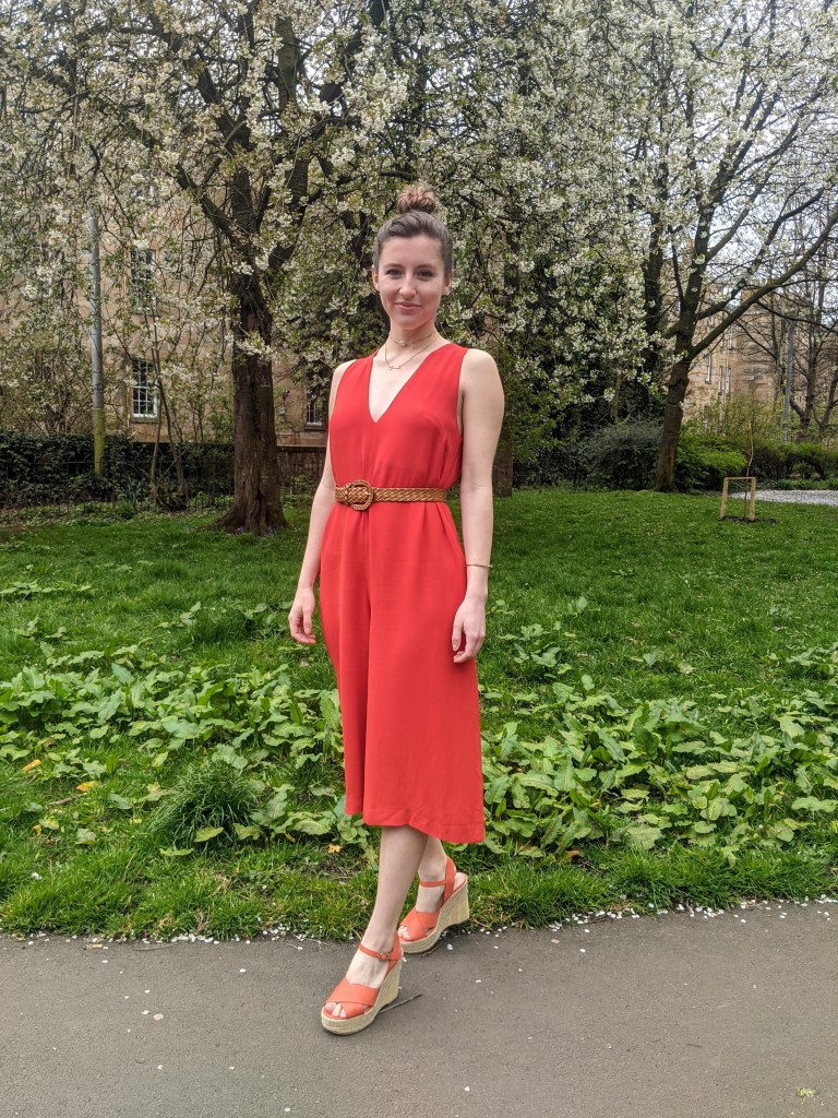 orange-plunging-jumpsuit-wedges-thrifted-secondhand