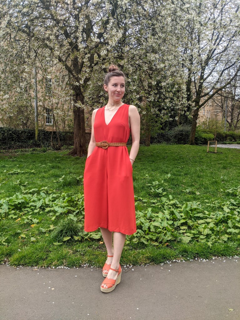 orange-jumpsuit-glasgow-charity-shop-wedges-brunch-outfit