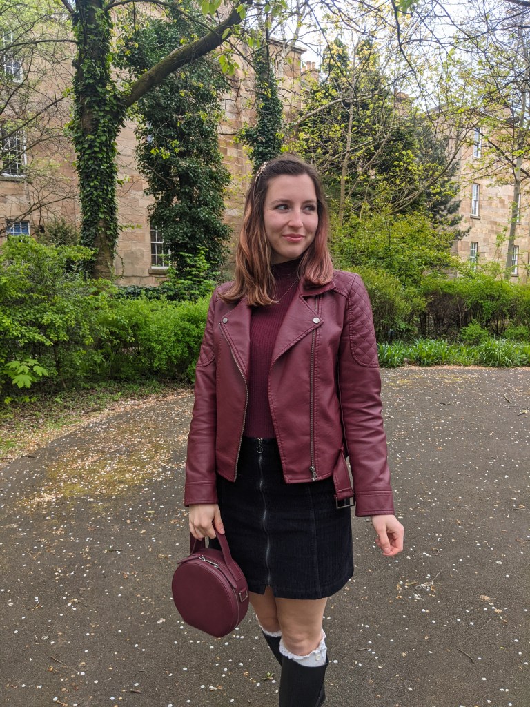 maroon-balayage-moto-jacket-corduory-skirt-circle-purse