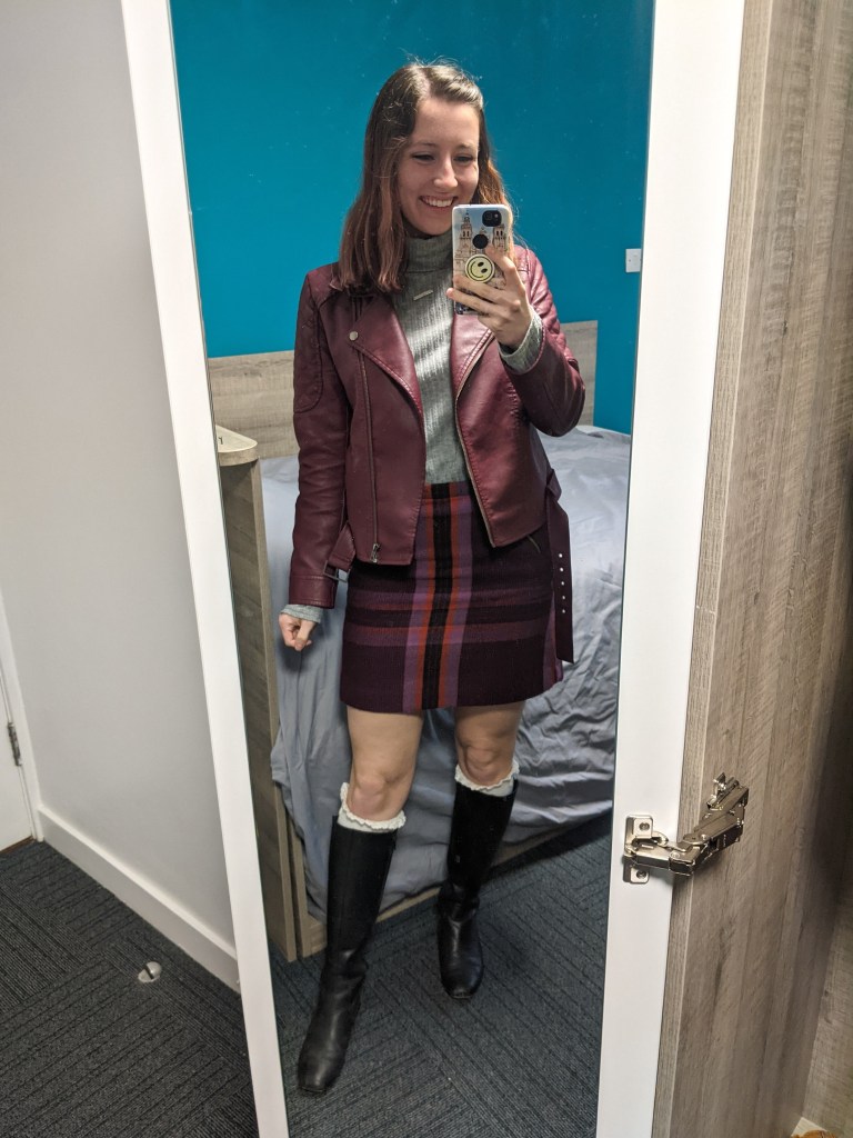 plaid-skirt-maroon-moto-jacket-grey-turtleneck