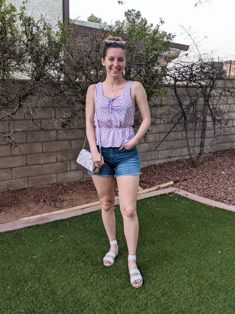 lavender-top-spring-outfit-jean-shorts-white-sandals