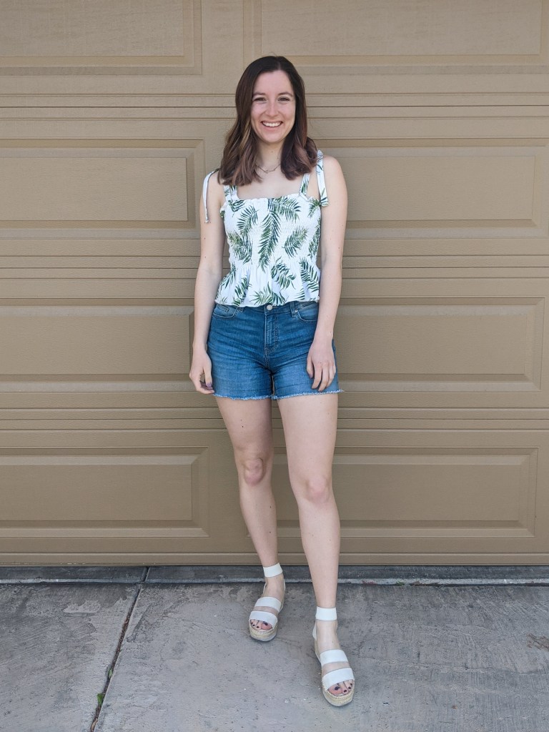 palm-print-smocked-top-jean-shorts-white-sandals