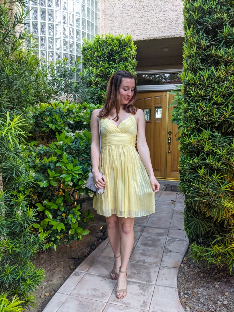 yellow-bcbg-thrifted-dress-nude-heels
