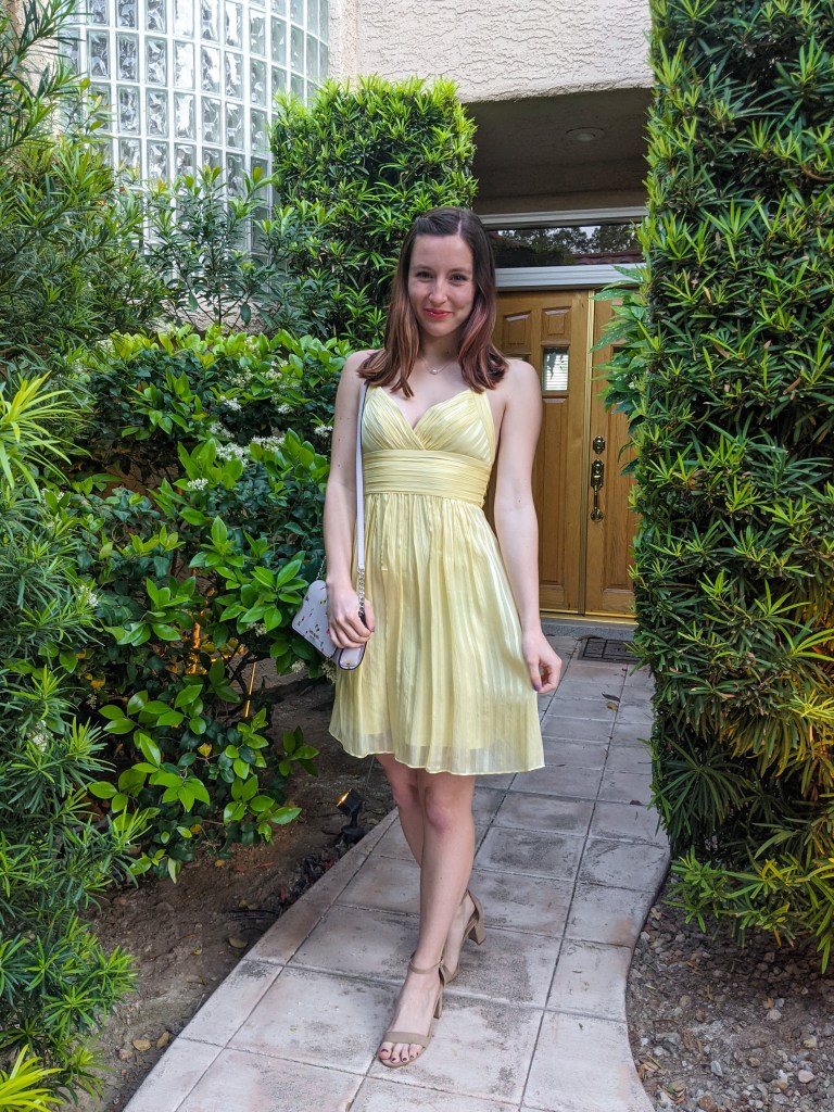yellow-dress-thrifted-nude-heels-floral-purse