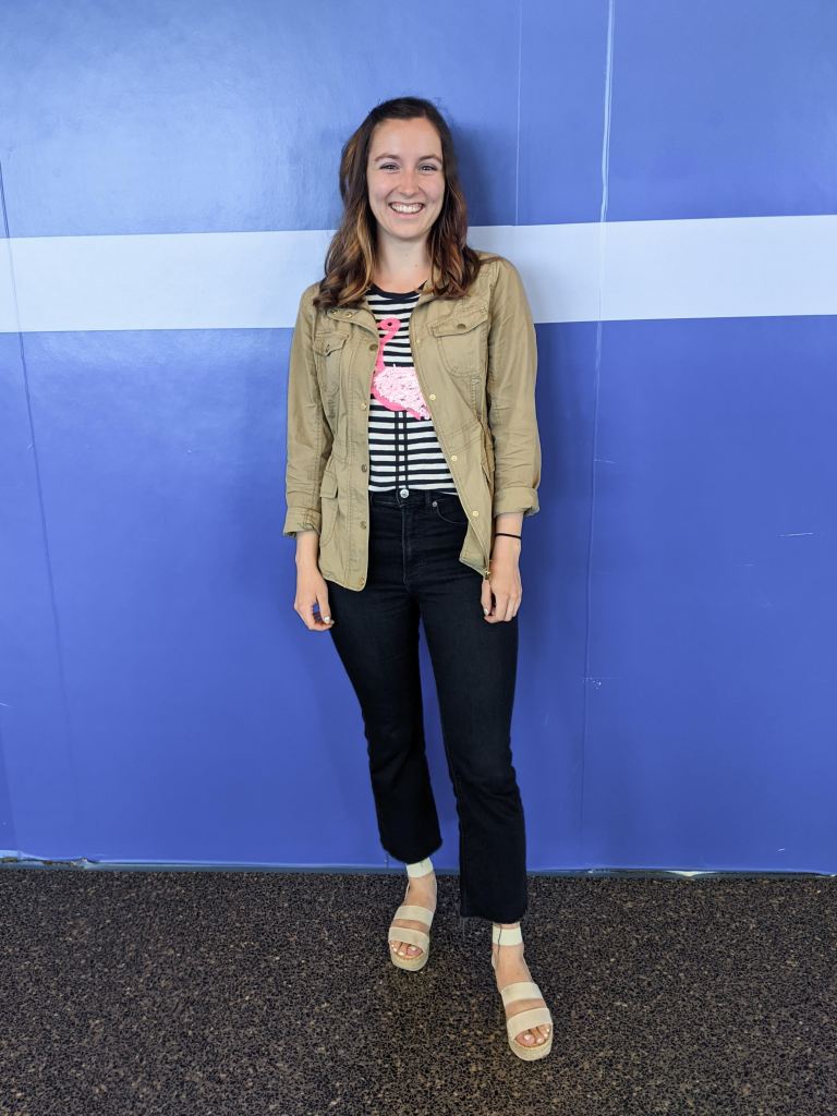 flamingo-striped-tee-anorak-jacket-cropped-flared-jeans-white-sandals