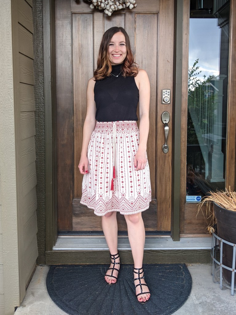black-mock-neck-top-red-beige-skirt-black-sandals