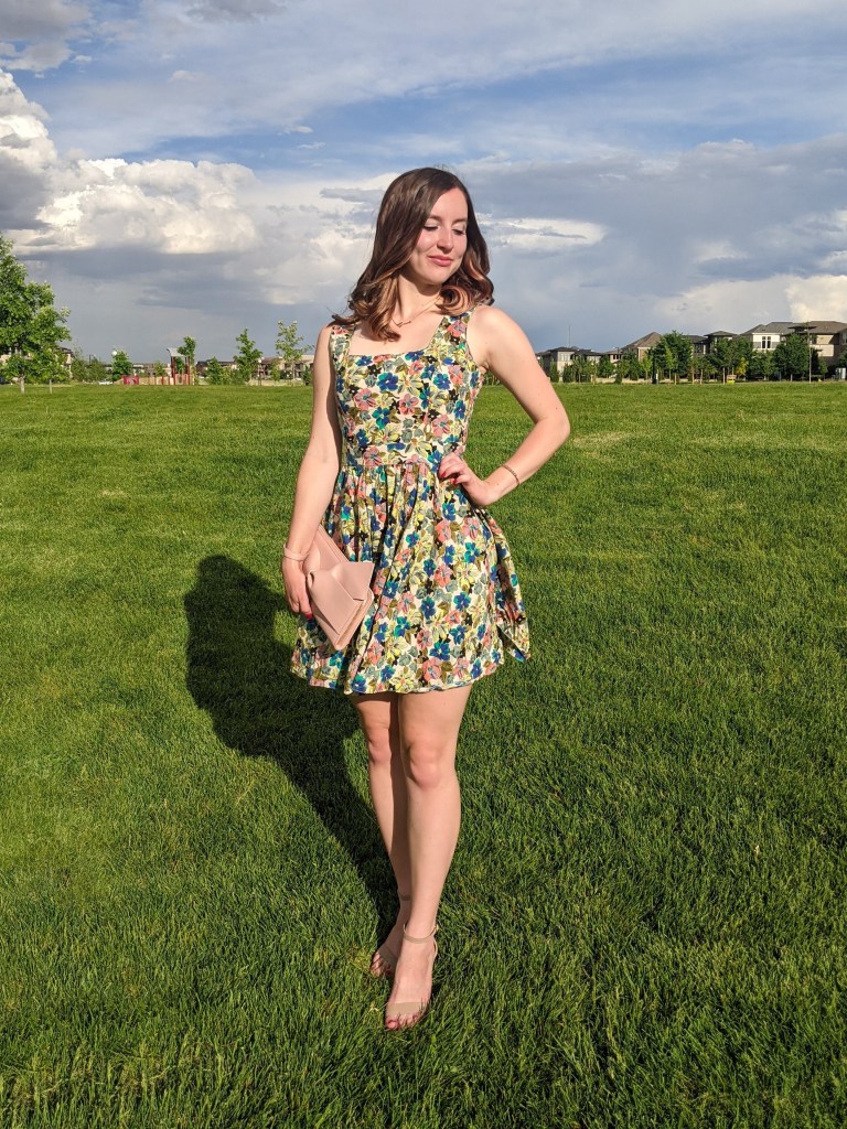 floral dress-fit-and-flare-nude-heels-blush-purse