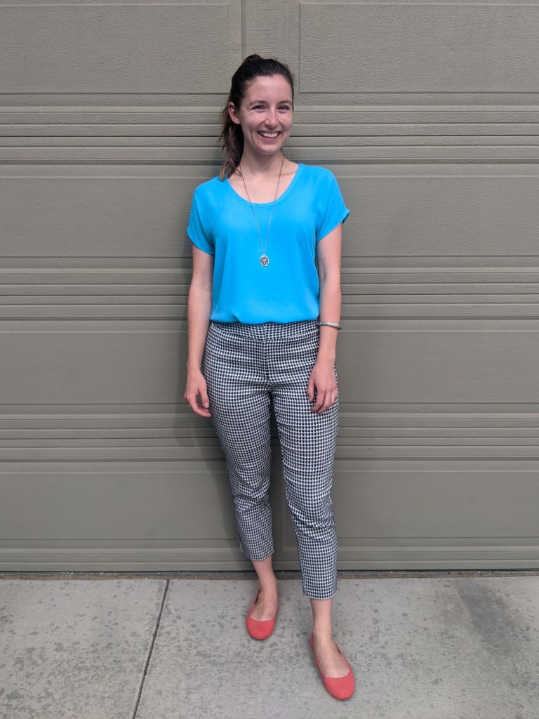 blue-blouse-orange-flats-houndstooth-pants