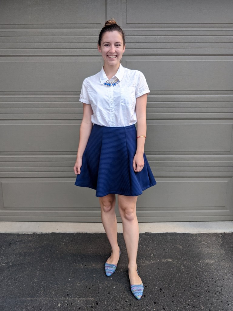white-button-down-blue-skirt-jcrew-flats