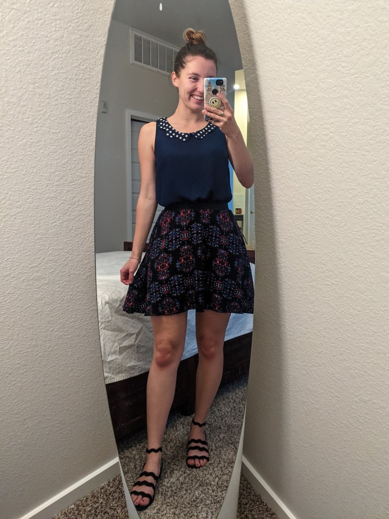navy-polka-dot-blouse-pattern-skirt-black-sandals
