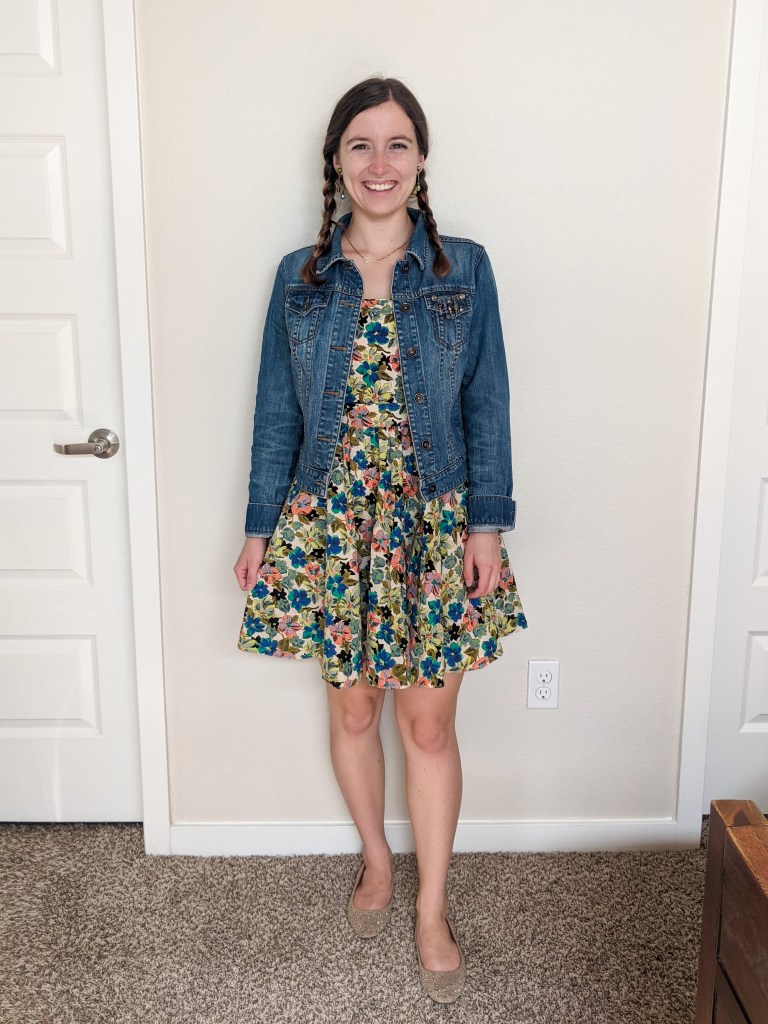 denim-jacket-floral-dress-thrifted-beige-flats