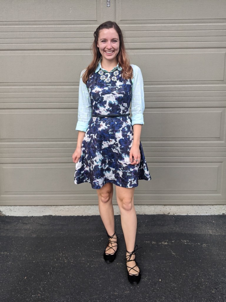 purple-patterned-dress-work-wear-black-laceup-flats