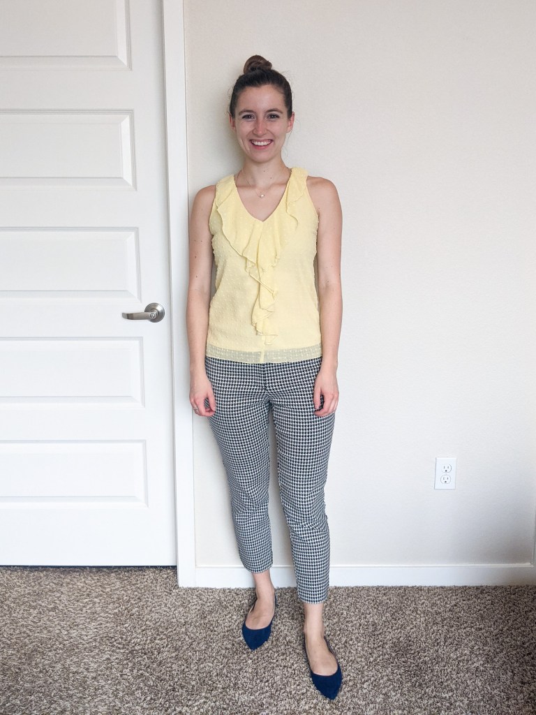 yellow-ruffle-top-houndstooth-pants-blue-flats