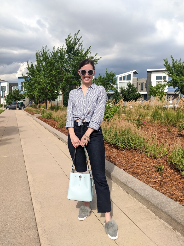 cropped-flared-jeans-express-pinstripe-button-down-steve-madden-sneakers