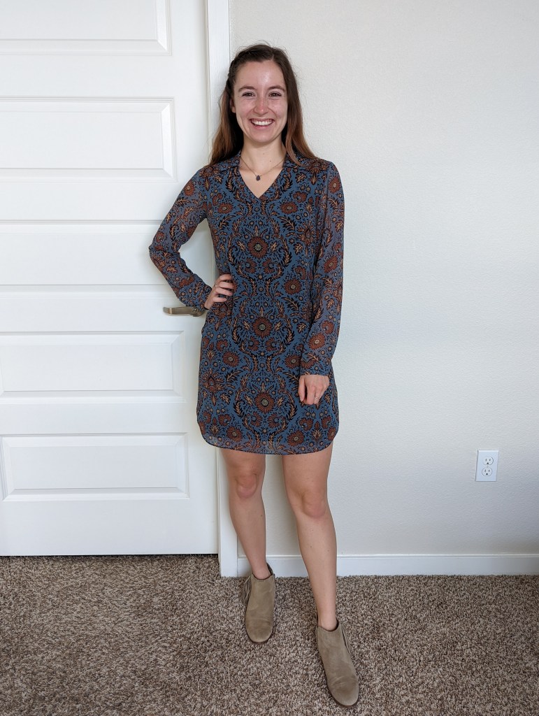 cabi-dress-floral-blue-brown-booties-fall