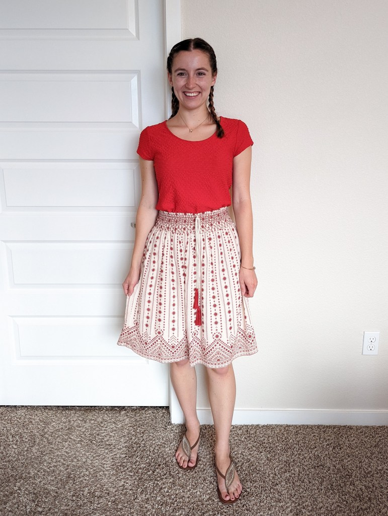 red-top-boho-skirt-brown-sandals
