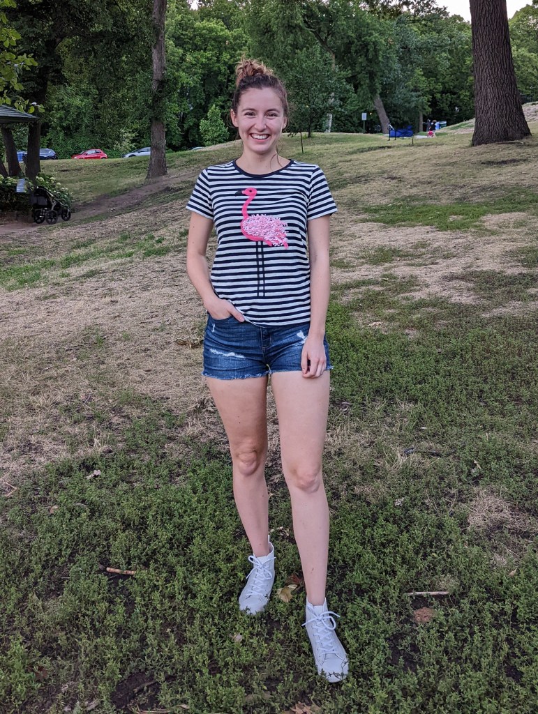 denim-shorts-striped-flamingo-tee-white-sneakers