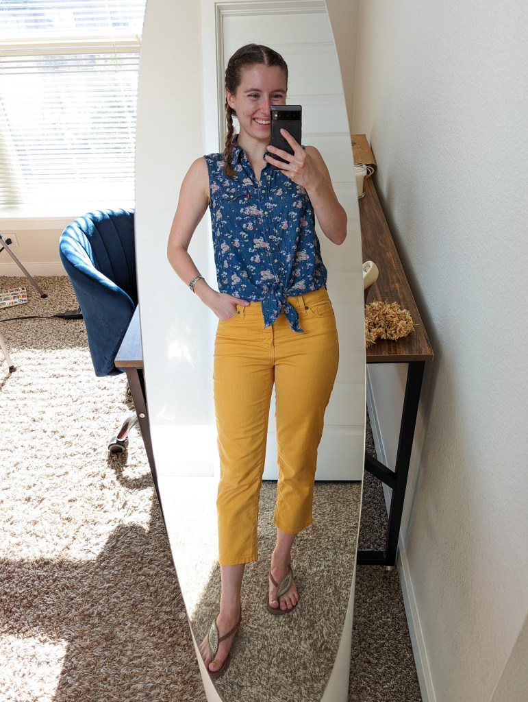 floral-tie-top-mustard-pants-brown-sandals