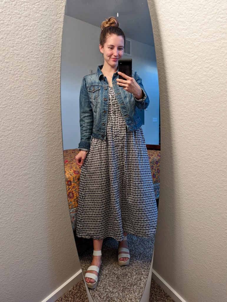 gingham-dress-denim-jacket-white-sandals