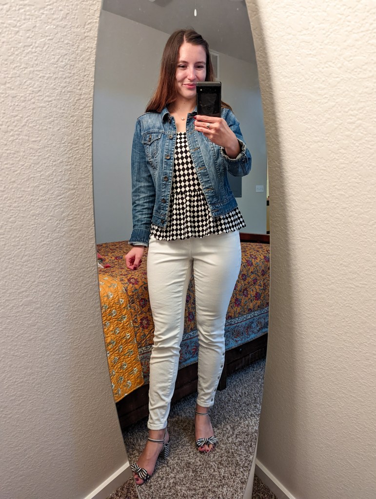 checkered-peplum-denim-jacket-white-jeans-polka-dot-heels