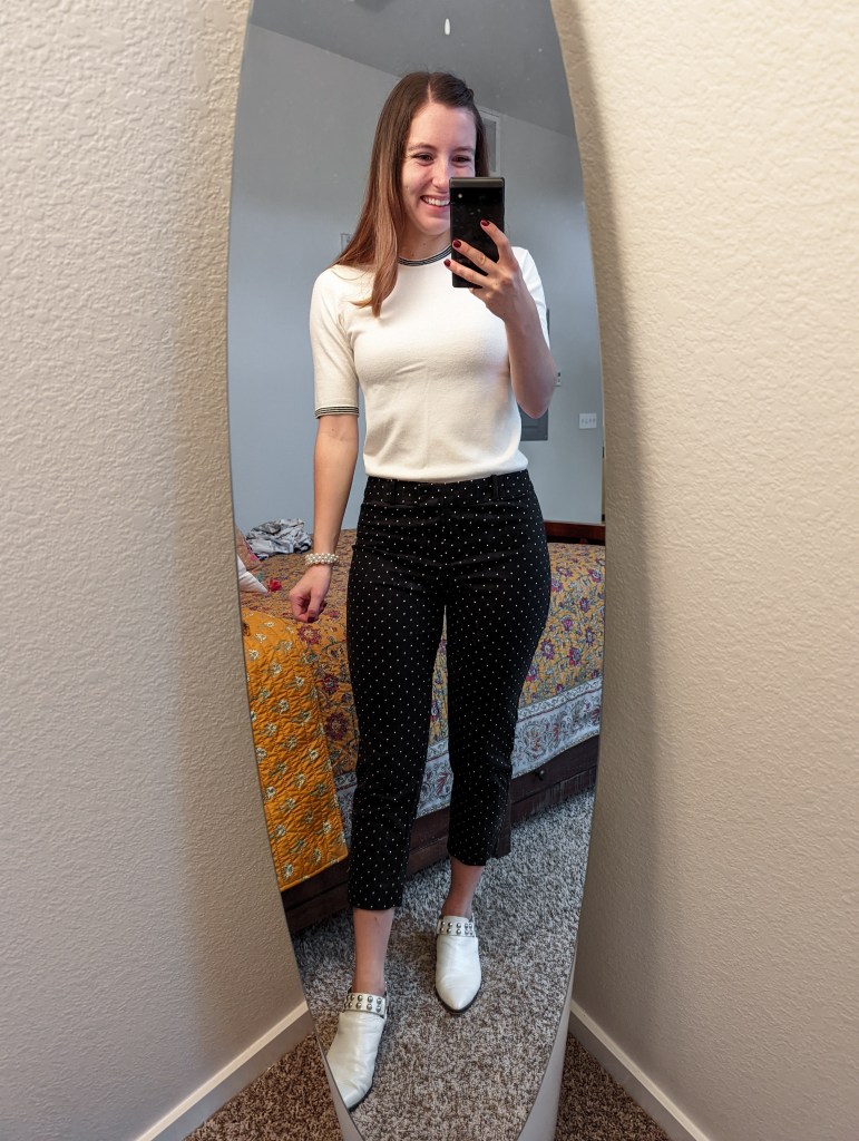 white-short-sleeve-sweater-black-polka-dot-pants-white-mules
