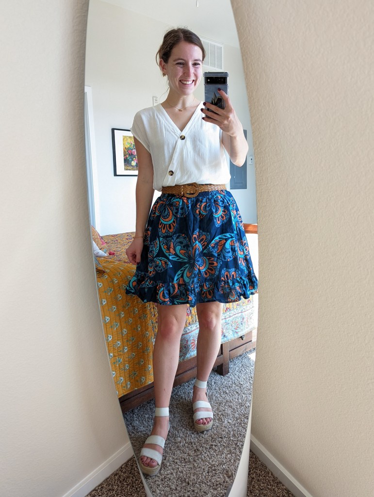 white-top-blue-skirt-white-espadrilles-summer-outfit