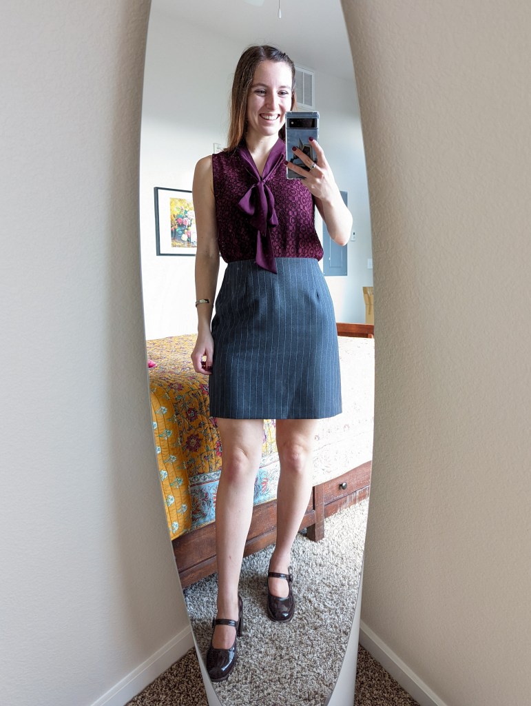 workwear-outfit-pinstripe-skirt-tie-front-blouse