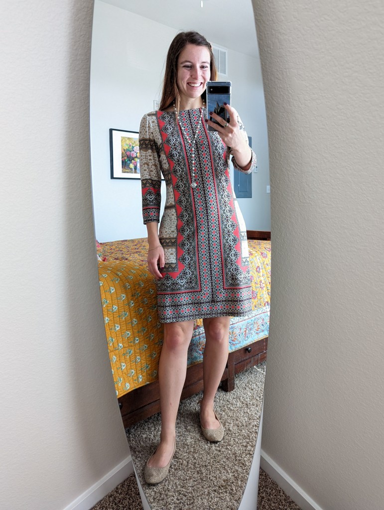 shift-dress-jcpenney-pearl-necklace-printed-dress-beige-flats