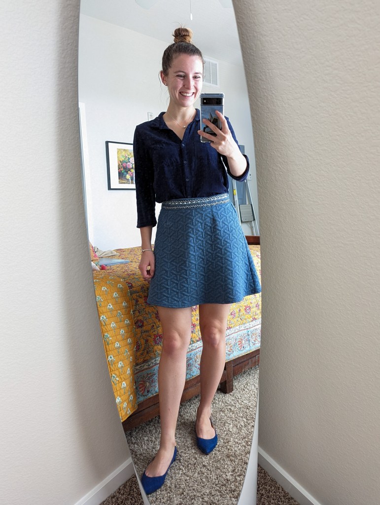 navy-blue-collared-blouse-blue-skirt-flats