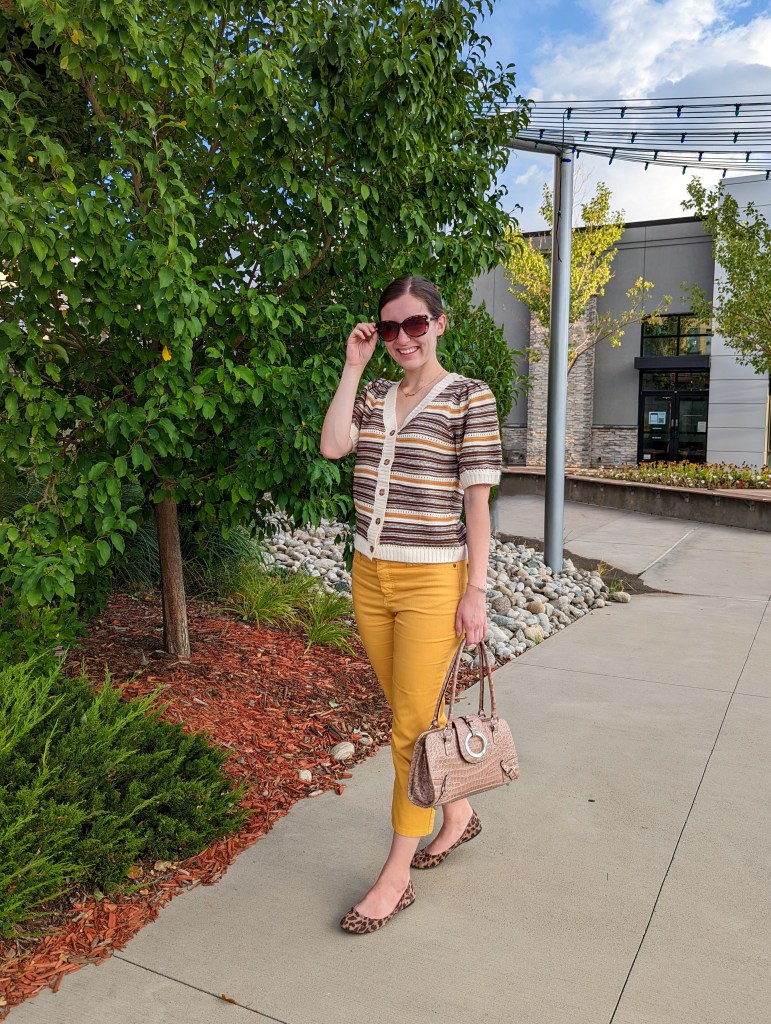 striped-sweater-yellow-pants-leopard-flats
