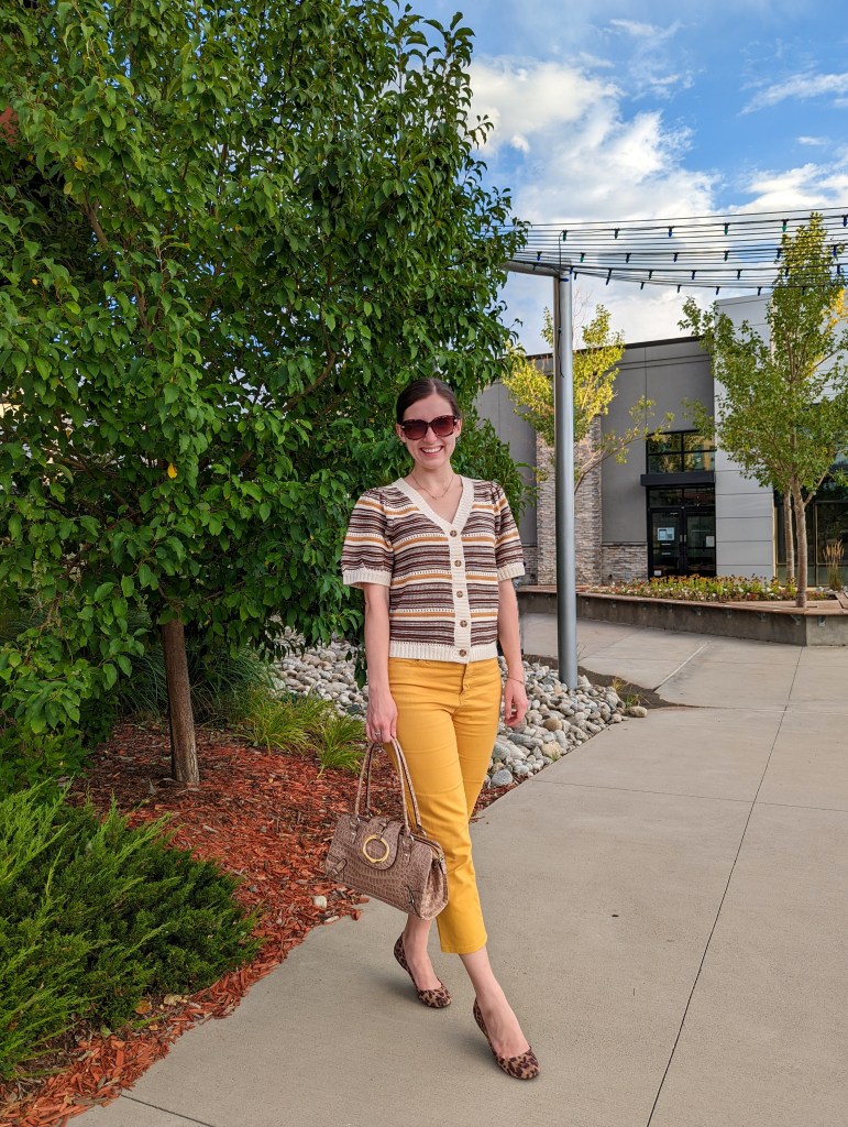 marigold-pants-colored-striped-sweater-brown-antique-purse