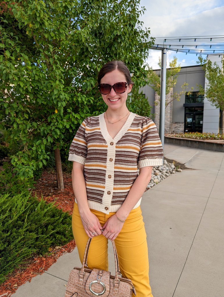 yellow-pants-striped-sweater-brown-sunglasses