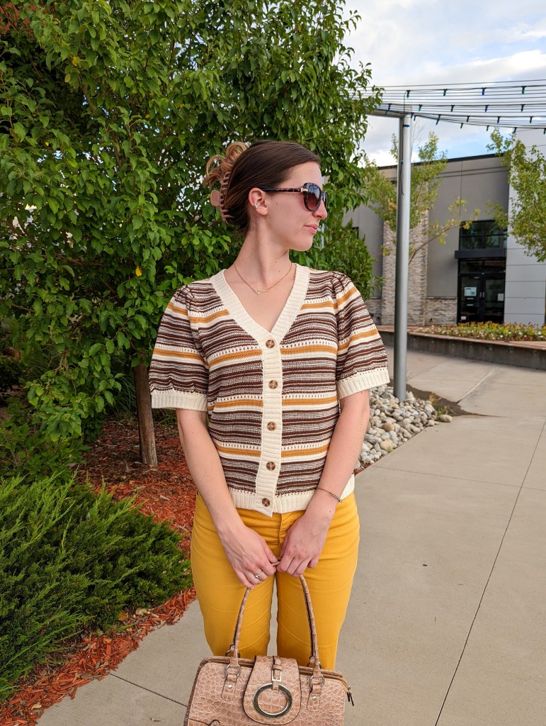 striped-sweater-mustard-pants-brown-sunglasses