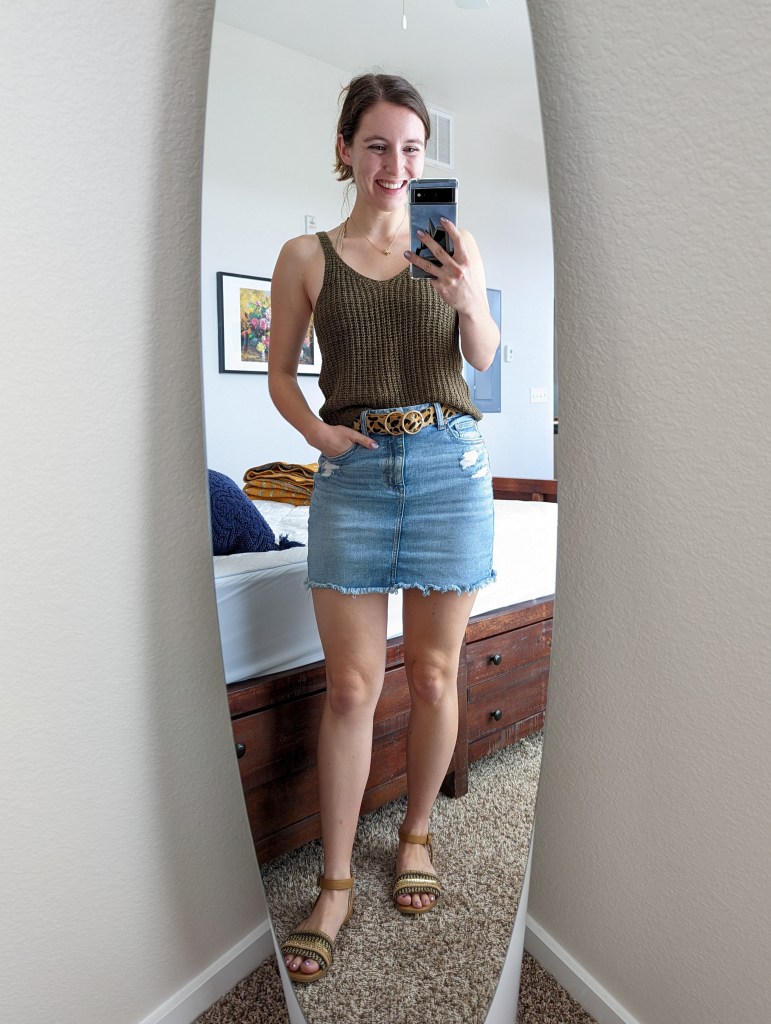 sweater-tank-olive-green-denim-skirt-american-eagle-leopard-belt