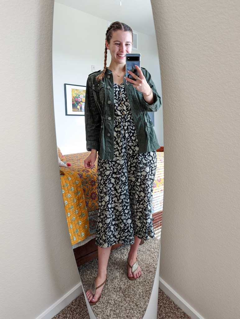 floral-jumpsuit-utility-jacket-brown-sandals