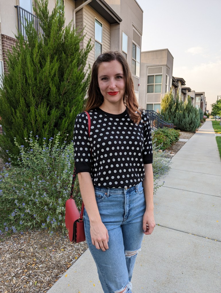 polka-dot-sweater-red-purse-lipstick