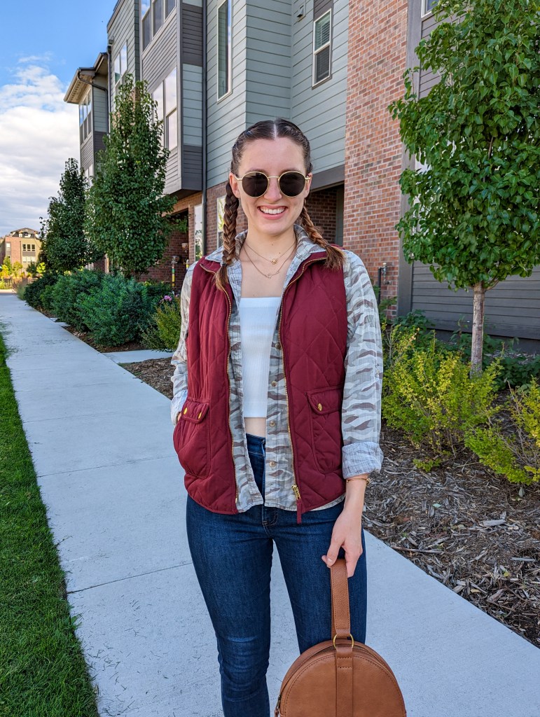 maroon-quilted-vest-camo-button-down-thrifted