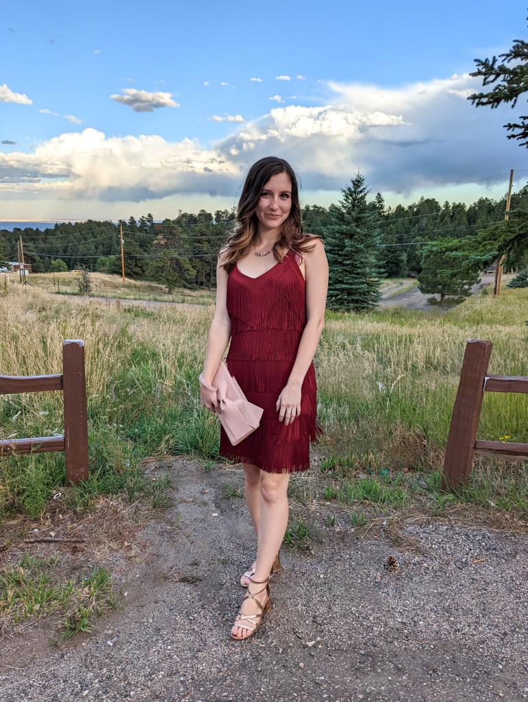 burgundy-fringe-dress-white-house-black-market-rose-gold-shoes-blush-bow-purse