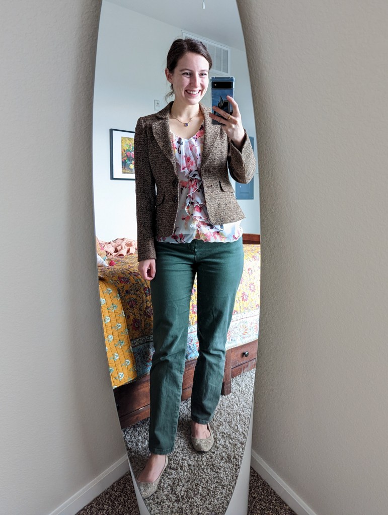 floral-ruffle-blouse-brown-tweed-blazer-olive-green-pants-workwear