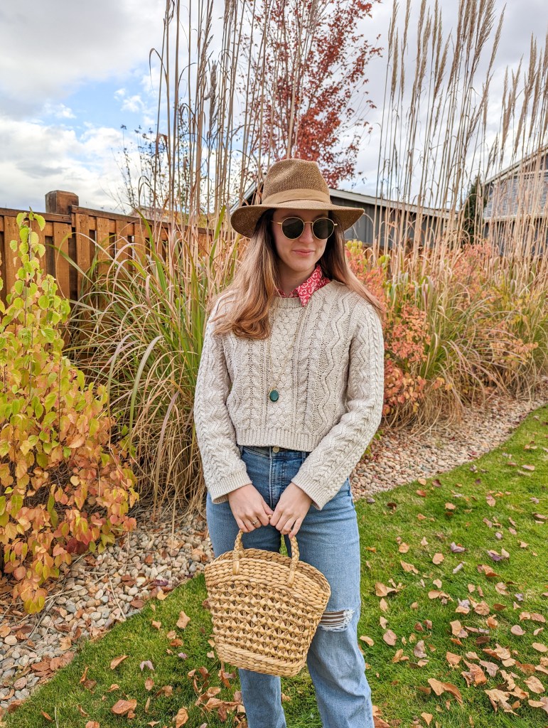 straw-purse-cropped-sweater-wrangler-shirt